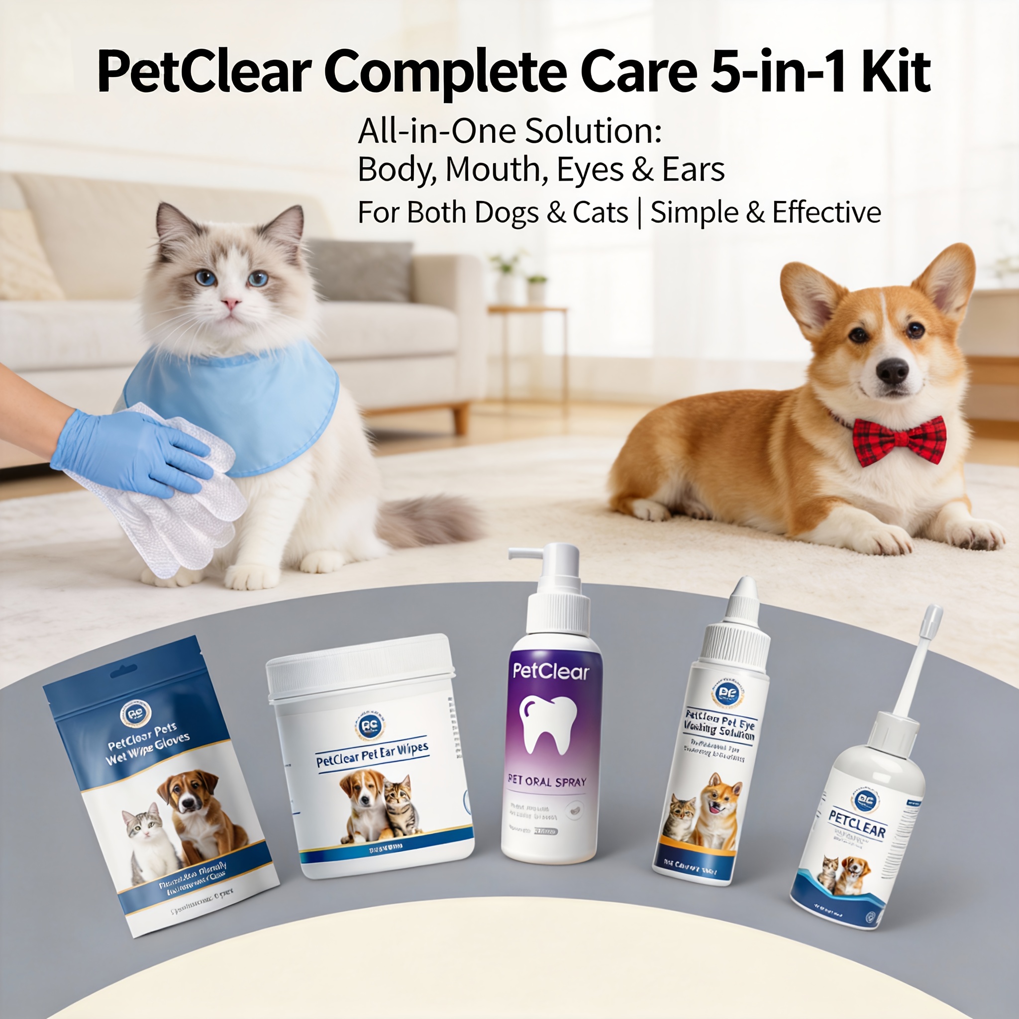 Pet Ear, Eye, and Oral Care Kit: Includes 1 Bottle of Ear Drops, Eye Wash Solution, Oral Spray, Ear Wipes, and Wet Wipe Gloves