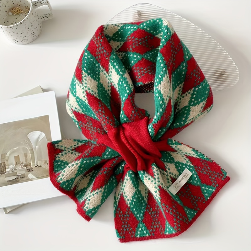 TEMU Chic Red & Green -knit Scarf - Soft Polyester, Warm & Stylish For Women, Fall/winter, Winter Scarf