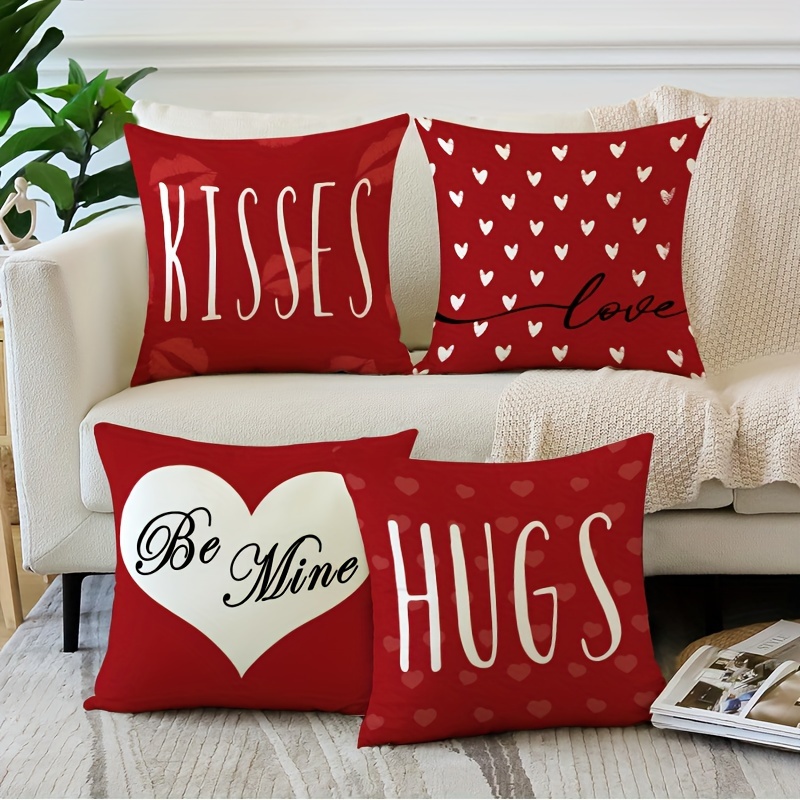 

Valentine's Day Throw Pillow Covers Set Of 4 - 18x18 Inch Romantic Red French-style Polyester Decorative Pillowcases, Zipper Closure, Machine Washable, Geometric Heart Pattern For Various Rooms