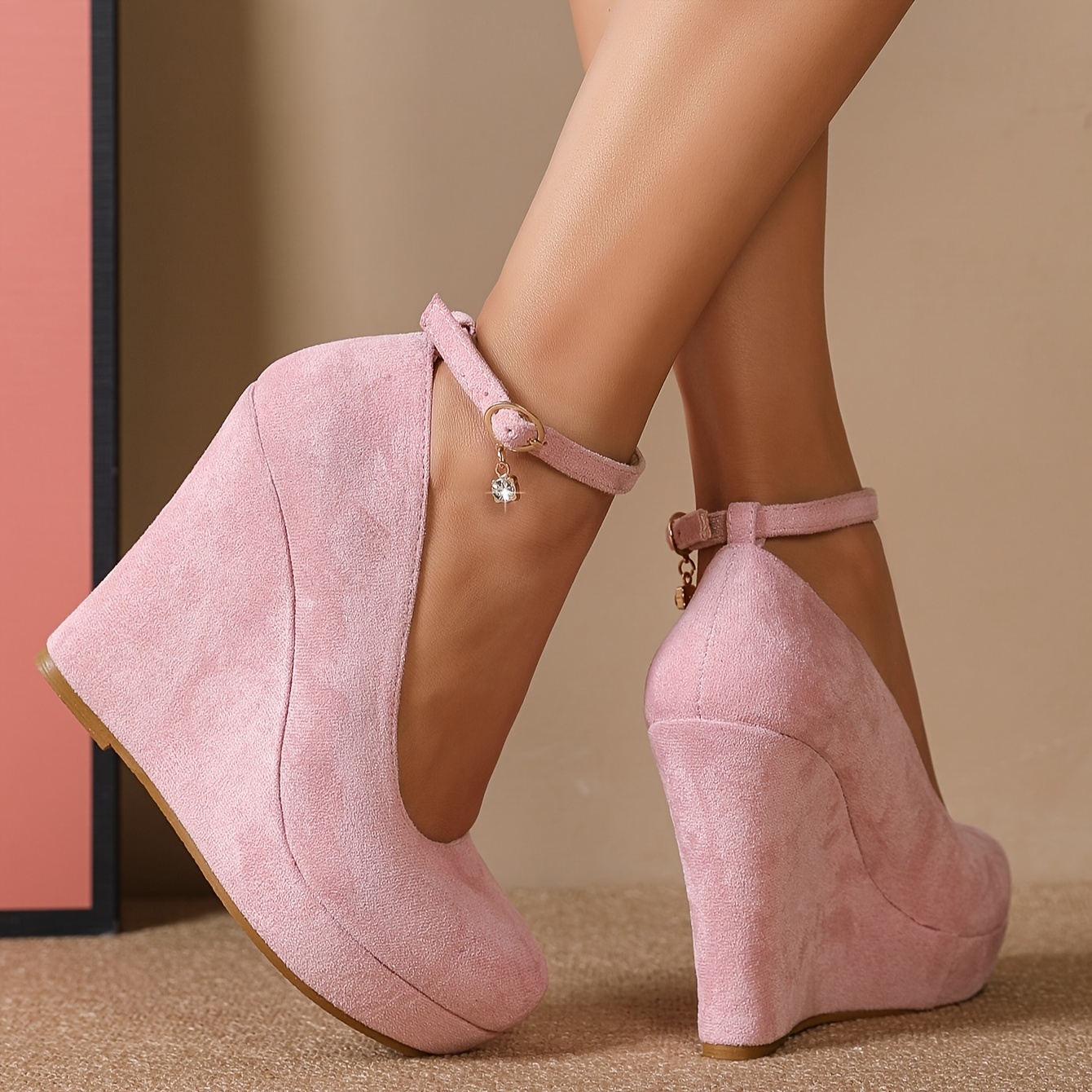 Blush Pink Hot Pink Wedges Shoes Light Pink Ankle Strap 19 Cm High