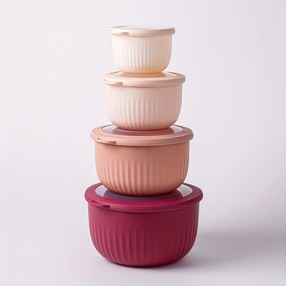 High-end Colored Salad Bowl Set With Lids - Stackable Plastic Mixing Bowls In Rose Color, 8pcs - Deep Bowls For Larger Capacity.