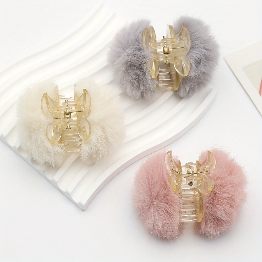 TEMU 3pcs Set Of Cute Fluffy Ball Hair Clips For Women, Multiple Colors Available, Versatile For Daily Wear Or Special Occasions, Wearable Hair