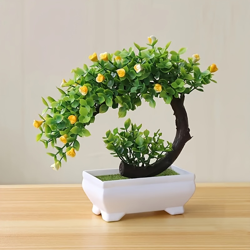 Charming Mini Crescent Rose Bonsai - Artificial Plant with Pot for Home, Office & Garden Decor