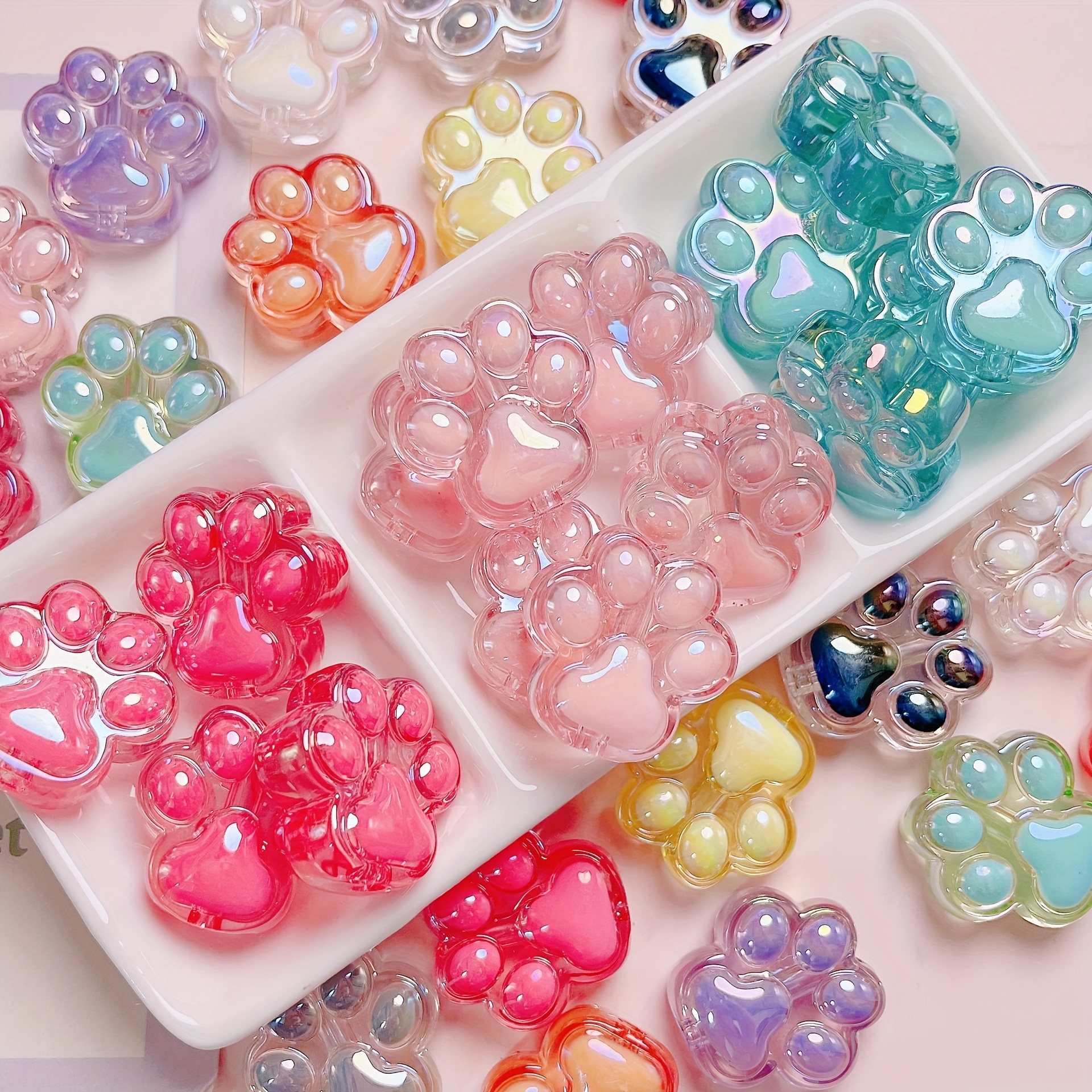 

30pcs Random Color Transparent Cute Cat Paw Vertical Hole Beads Diy Mobile Phone Chain Keychain Material Accessories Loose Beads