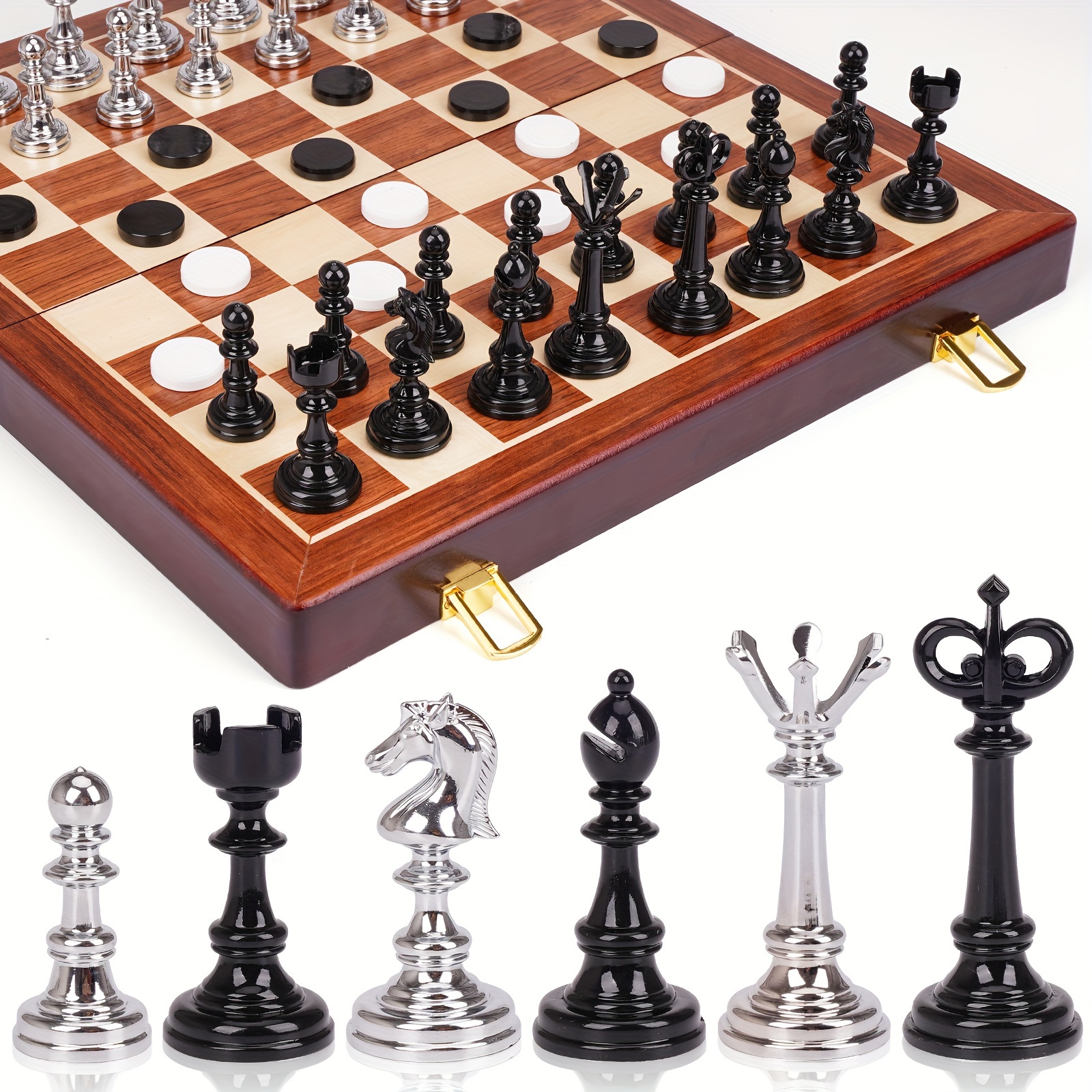 

15" Metal Chess Sets For Adults Game Set (2 In 1) With Chess Pieces & Portable Folding Wooden Chess Board Travel Chess Sets Board Metal Chess Pieces, & Storage Box