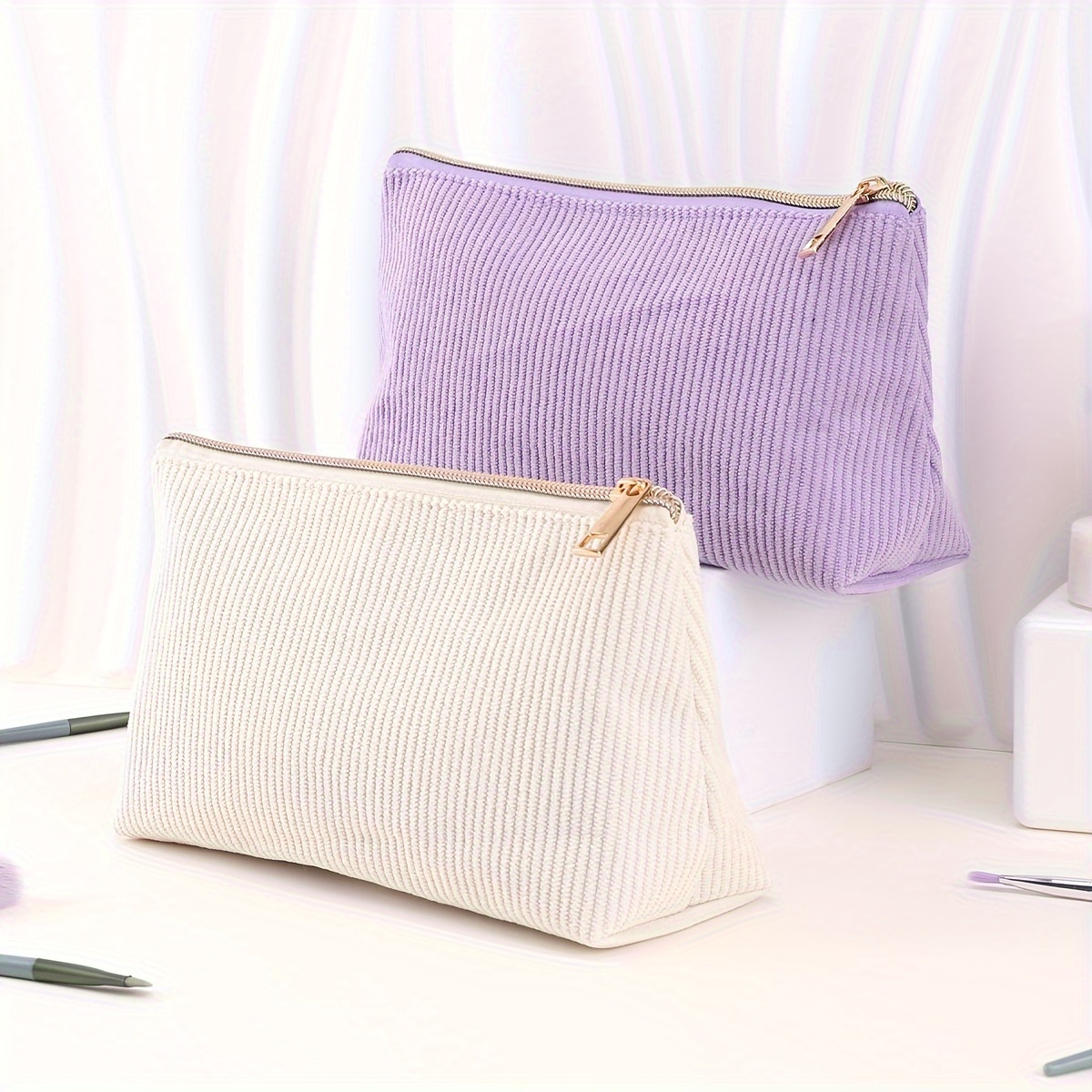 

Sac de cosmétiques en velours côtelé de grande capacité avec fermeture à zipper - Accessoire de voyage parfait pour et les femmes
