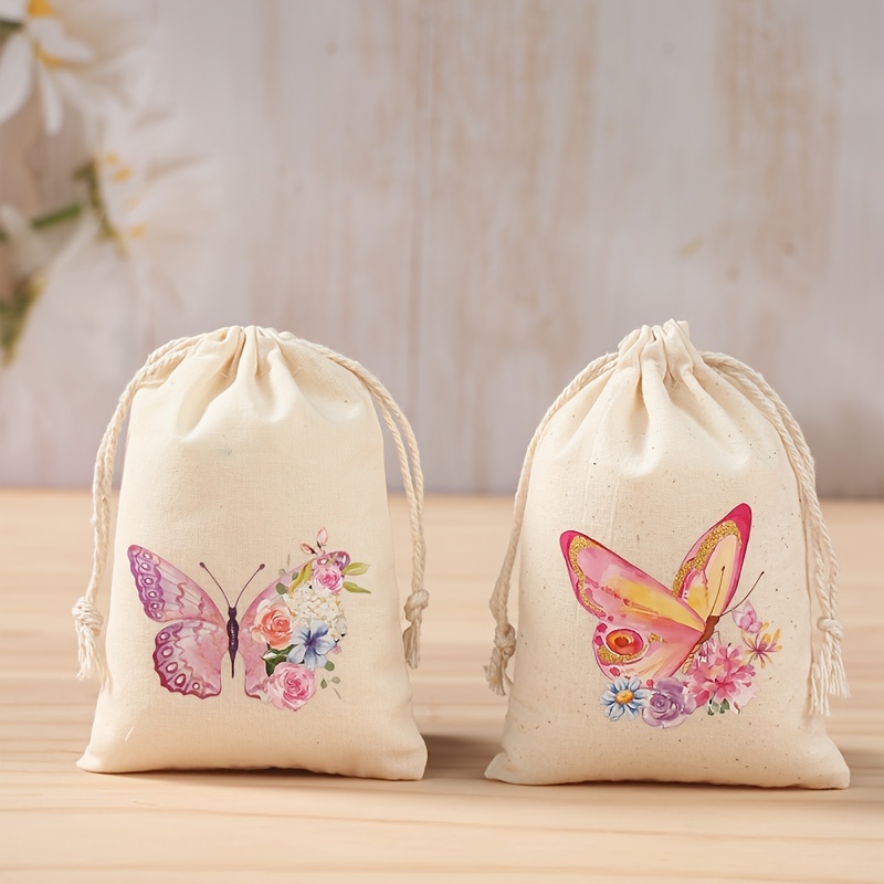 

6-pack Linen Drawstring Gift Bags With Butterfly Print For Birthday Party Favors, General Use Snack & Candy Pouches, Party Decoration Supplies