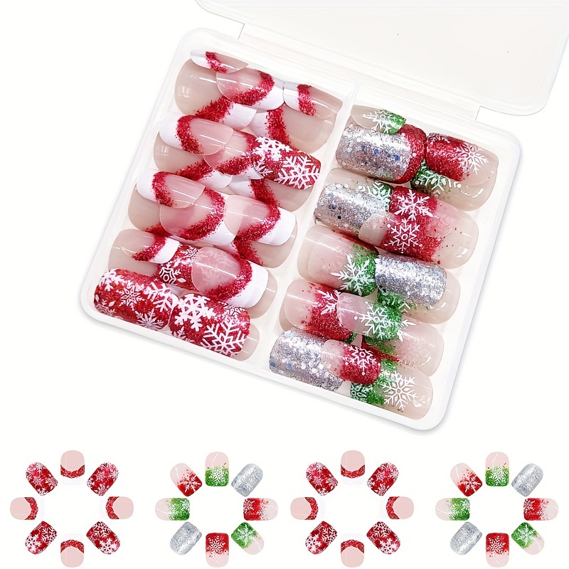 

48pcs Christmas Press-on Nails Set - Short Square, Red & Green With Sparkling Snowflakes Design, Includes Jelly Adhesive & Nail File For Women And Girls