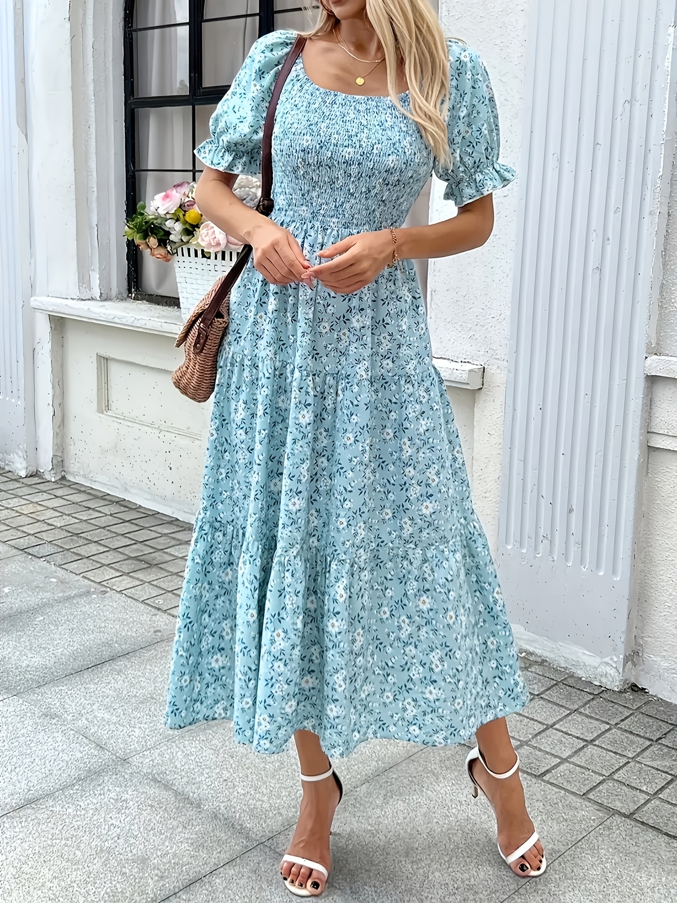 midi lightweight summer dresses with sleeves PRETTYGARDEN Women's 2026 Summer Casual Midi Dresses Square Neck Short  Sleeve Smocked A Line Floral Flowy Elegant Boho Dress (Army Green,Small) at  Amazon Women's Clothing store
