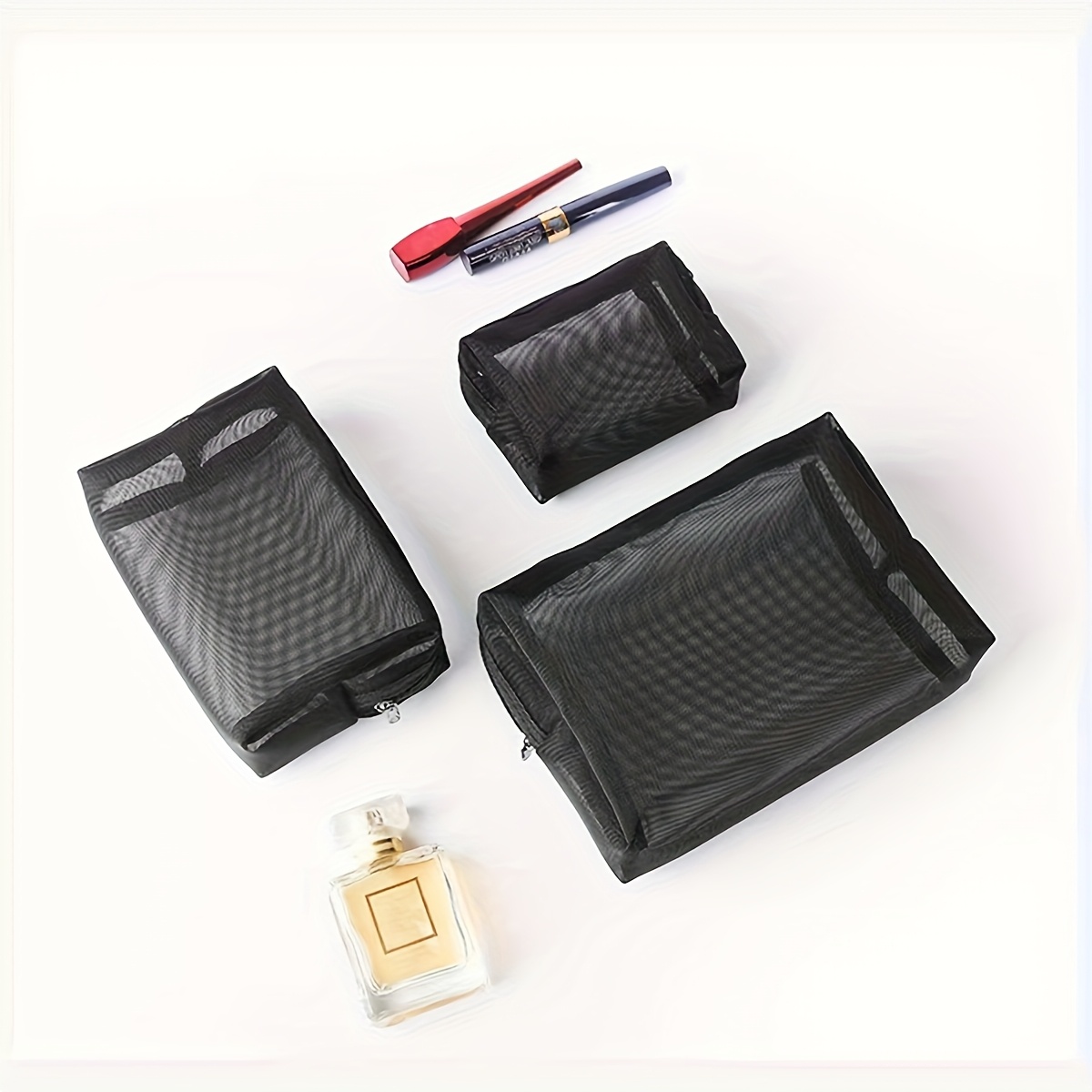 3pcs Easy And Convenient Nylon Mesh Makeup Storage Bag, Large Capacity Hollow Cosmetic Organizer For Travel