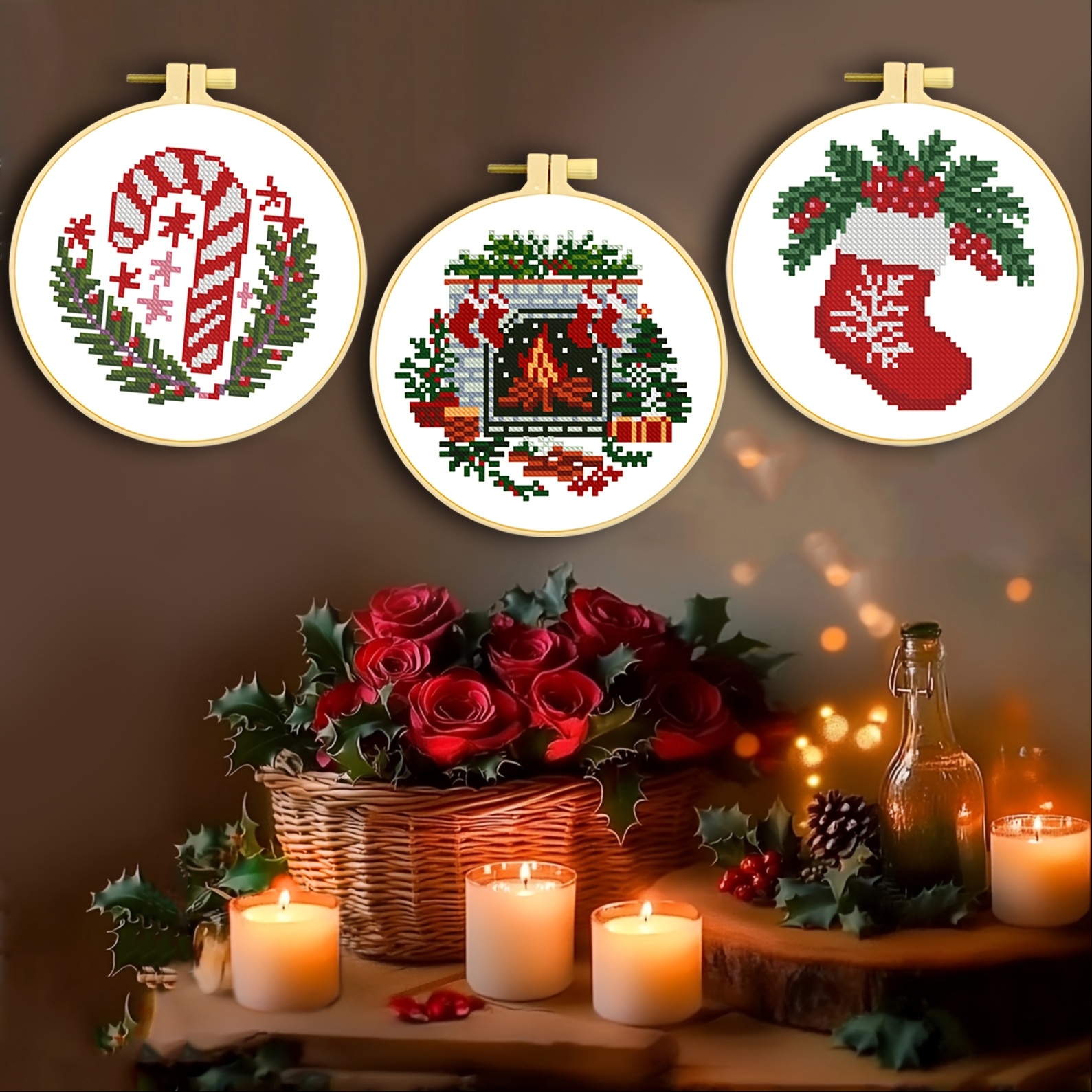 

Christmas Stitch Kit For Beginners - 11ct Print Embroidery Set With -strand Thread, Mixed Colors/white Fabric Included - Wall Decor & Holiday Crafting