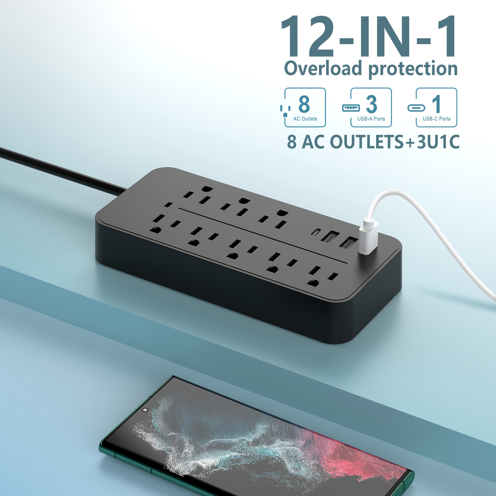 

Smart With 8 Outlets And 3 Usb Type-c - Charging, Protector, Automatic Shut-off, Safety Features - For Home And Office - Black