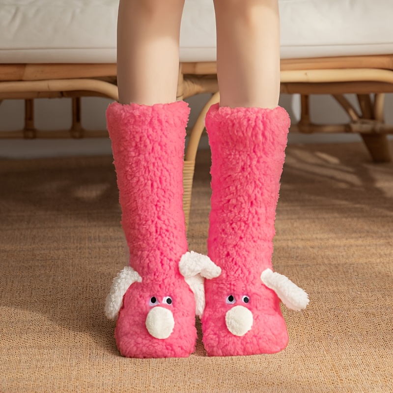 TEMU 1 Pair Women's Cute Puppy Floor Socks In Black/apricot/white, And Machine Washable. Cartoon Animal Fluffy Socks, , Warm And Comfortable Indoor