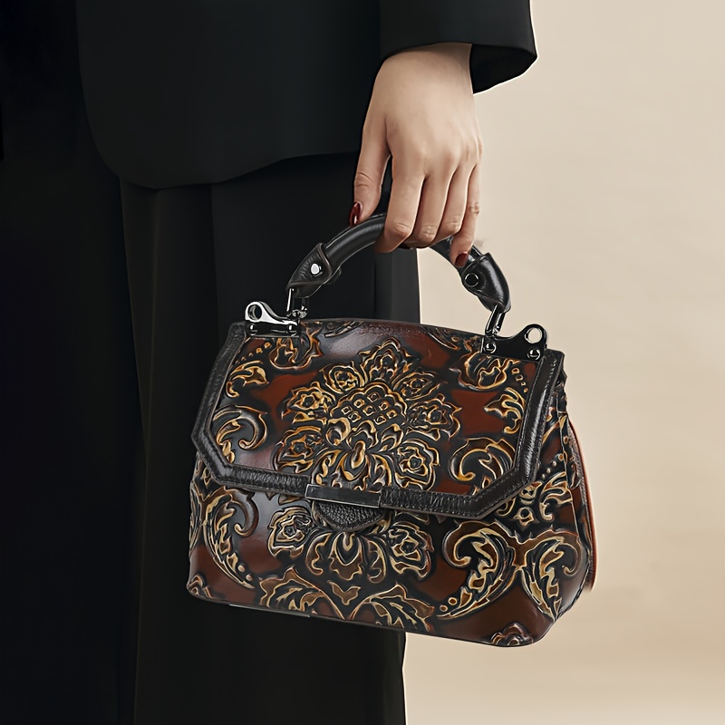 womens genuine   cowhide handbag shoulder bag vintage western retro style with adjustable strap   hardware zipper closure   tan red elegant everyday formal purse for business casual formal events durable lining golden tipped hardware luxury leather bag purses and handbags for women bags for women elegant classy beaded purse   lady bags for women 3