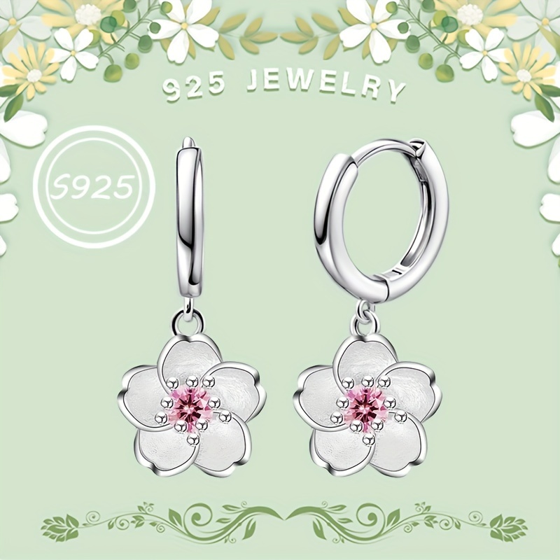 

925 Sterling Silver Peach Dangle Hoop Earrings With Pink Cz Flower, Earrings For Women - Ideal Birthday Gift, 3.2 Grams,