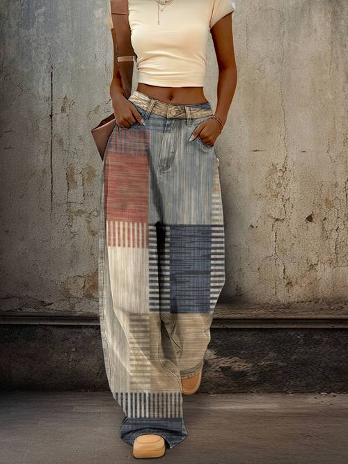 womens retro 3d print wide leg jeans ombre wash denim pants with vintage striped grid design loose fit casual pants 95 polyester 5 spandex machine washable wear pants retro style jeans woven fabric