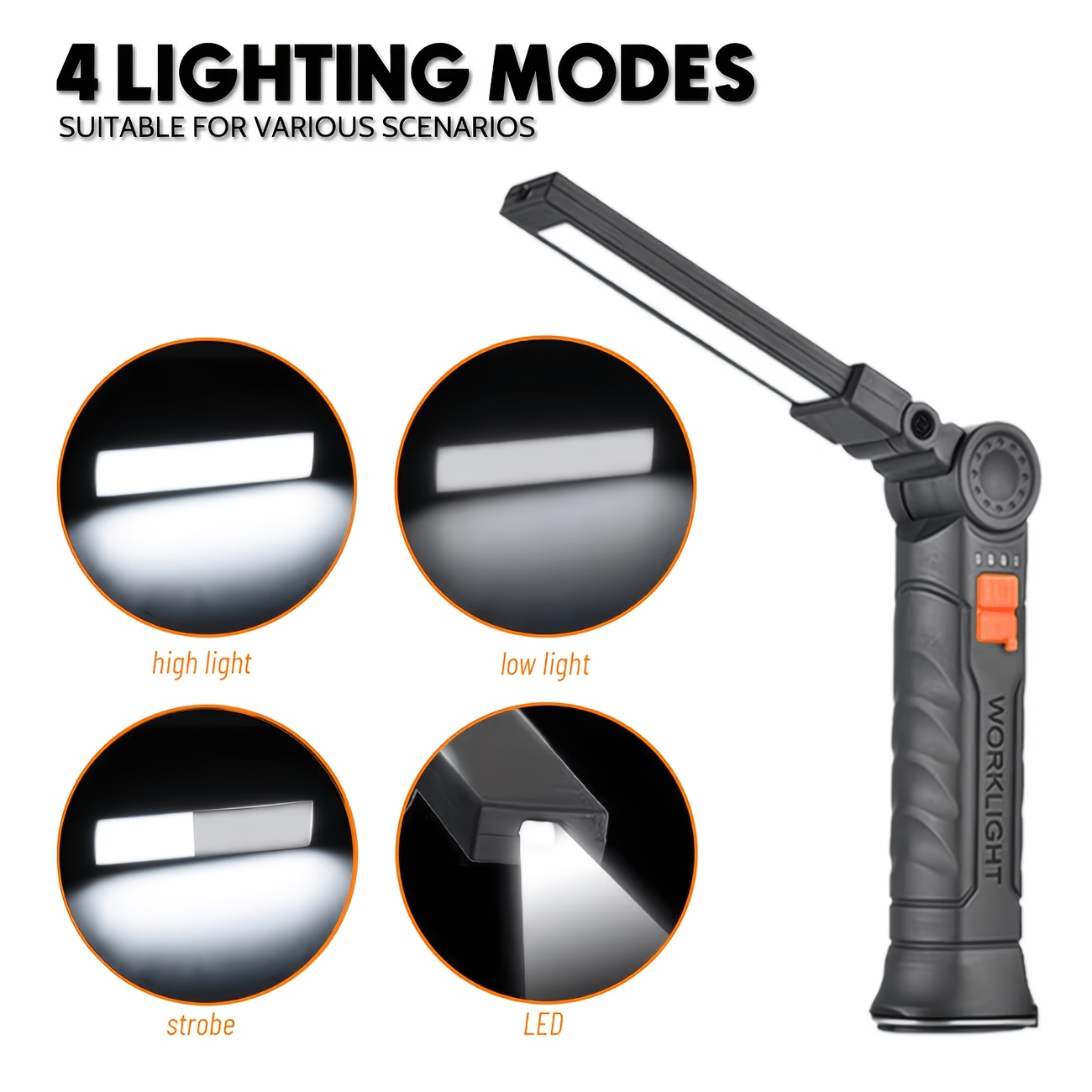 TEMU 1/2pcs Of Powerful Handheld Led Flashlights With A Magnetic Base And Hook Work Light, Usb Rechargeable, Featuring 4 Modes, Suitable For Night