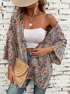 floral print open front tunics casual long sleeve outwear womens clothing