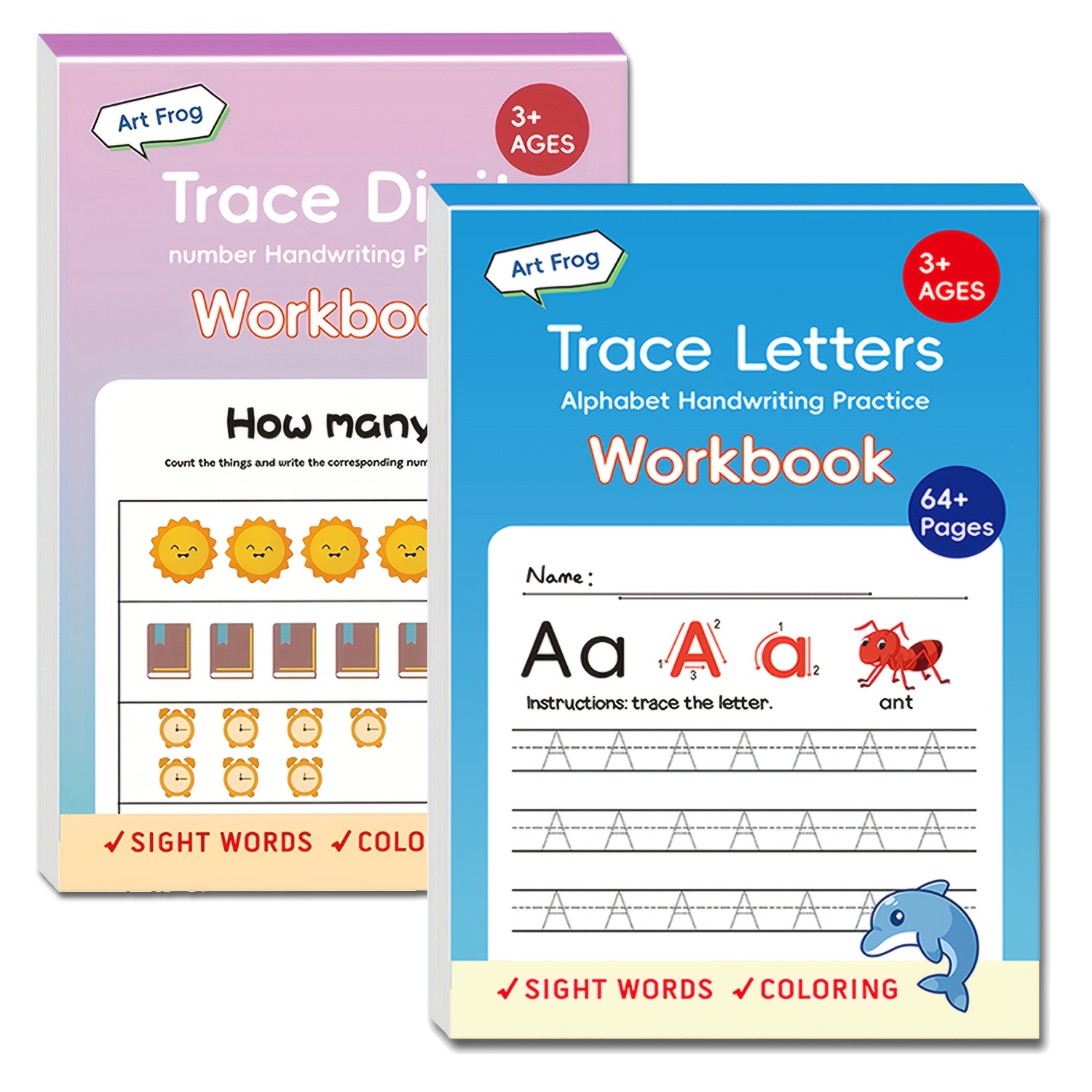 Image of 2 Books / 128 Pages Kids Preschool Workbook Set Ages 3+: Math Practice, Number Tracing, Addition And Subtraction, Alphabet Handwriting, Abc Writing And Sight Words Learning Books
