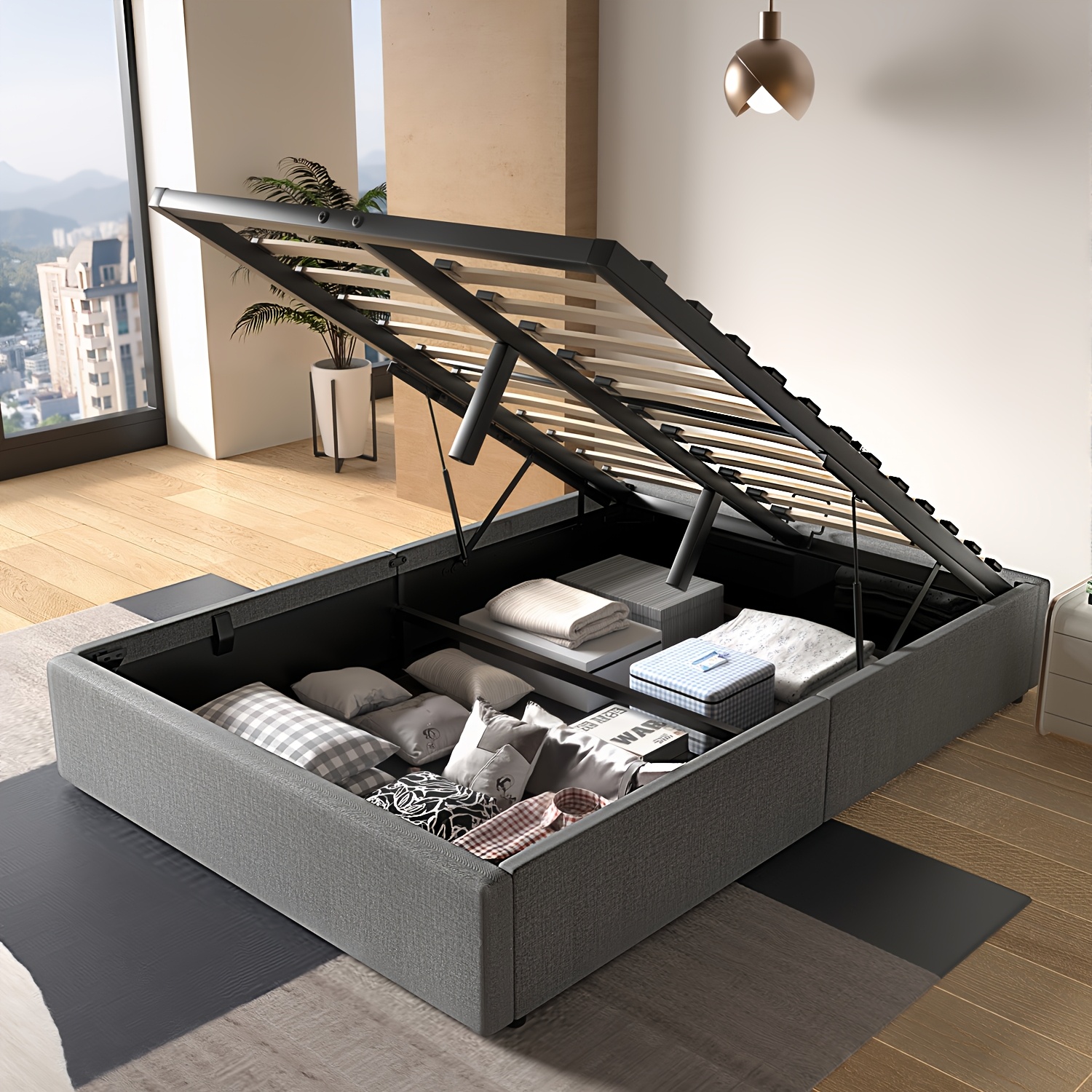Pholstered Bed Frame With Hydraulic Lift, 5ft King Size Bed Frame With Storage, Sturdy Construction, Without Mattress, 140x200cm