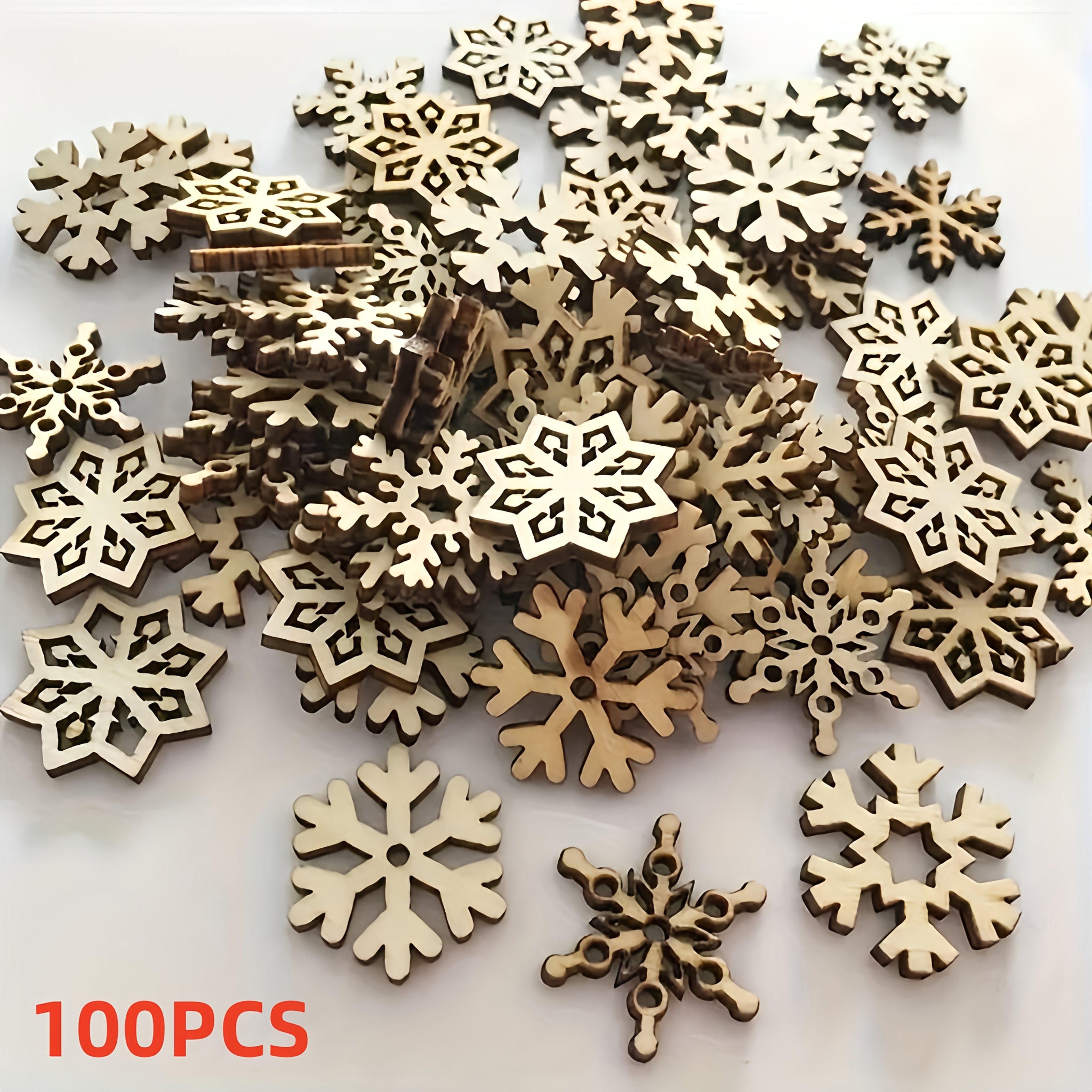 Image of 100pcs, Diy Christmas Decoration Products, Mixed Wooden Snowflake Wood Chips, Wooden Christmas Tree Decorations, Suitable For Holiday Weddings And Party Decorations