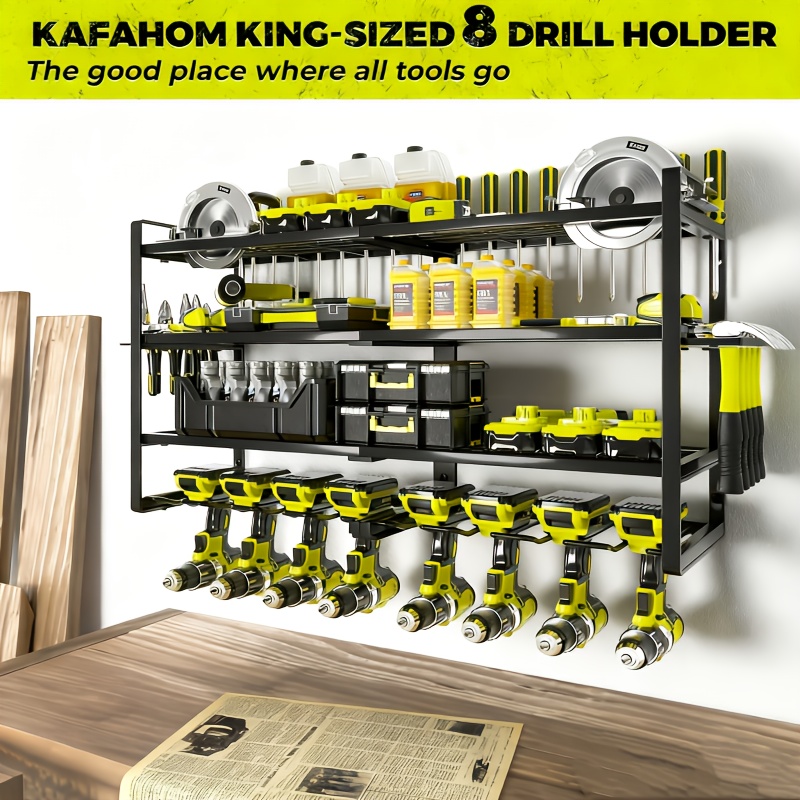 TEMU 4-layer Heavy-duty Power Tool Storage Rack With 8 Wireless Drill Bit Slots, A Wall-mounted Tool Rack With A Charging Station, A Heavy-duty , An