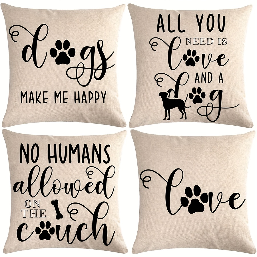 

4pcs Farmhouse Dog Lover Throw Pillow Covers - 'dogs Happy' Quotes, Linen Cushion Cases With Zipper Closure For Sofa & Patio Decor, Decorative, Housewarming Gifts, Pillowcase Decor Sign