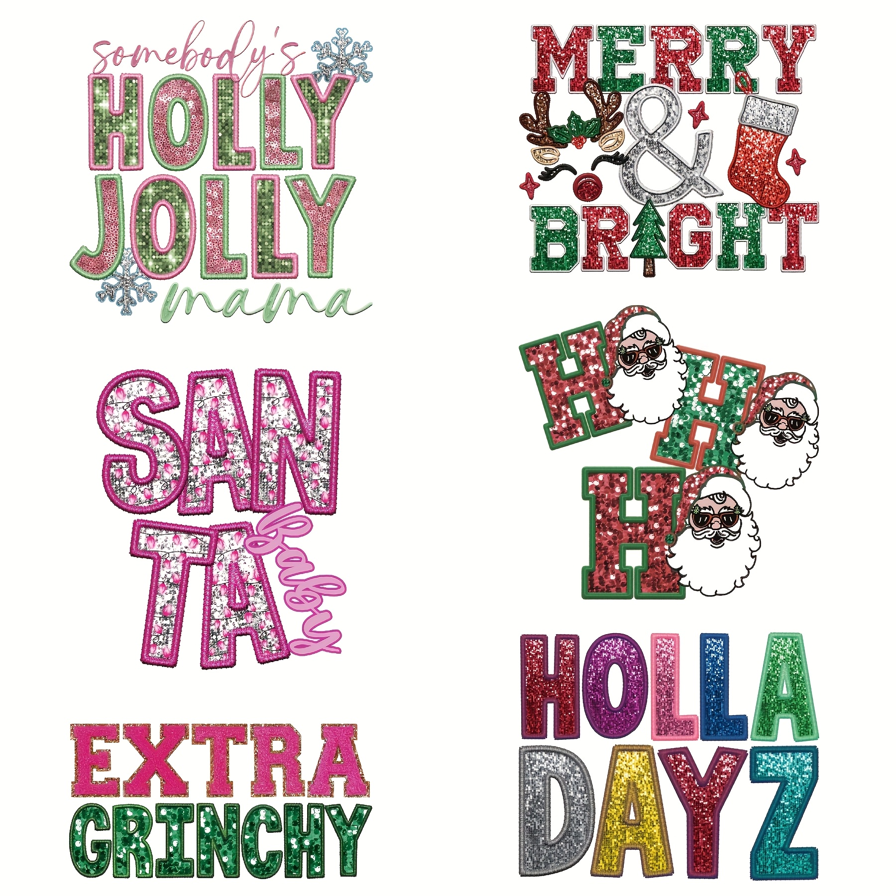 

Set Of 6 Christmas Iron-on Transfer Decals, Vinyl Holiday Heat Transfer Patches For Diy T-shirts, Clothing, Hats, And Crafts – Santa, , Designs