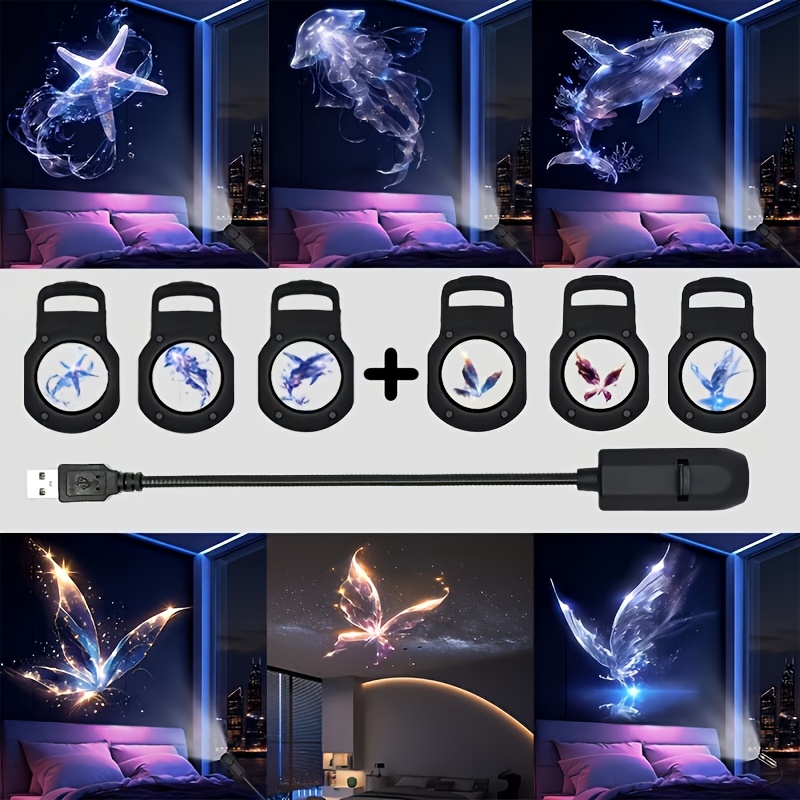 E-shop 6-teiliges Ozean-Projektorlicht-Set, USB-betrieben, dekoratives Projektions-Hintergrundlicht für Raumdekoration, mit Wal-, Schmetterlings-,
