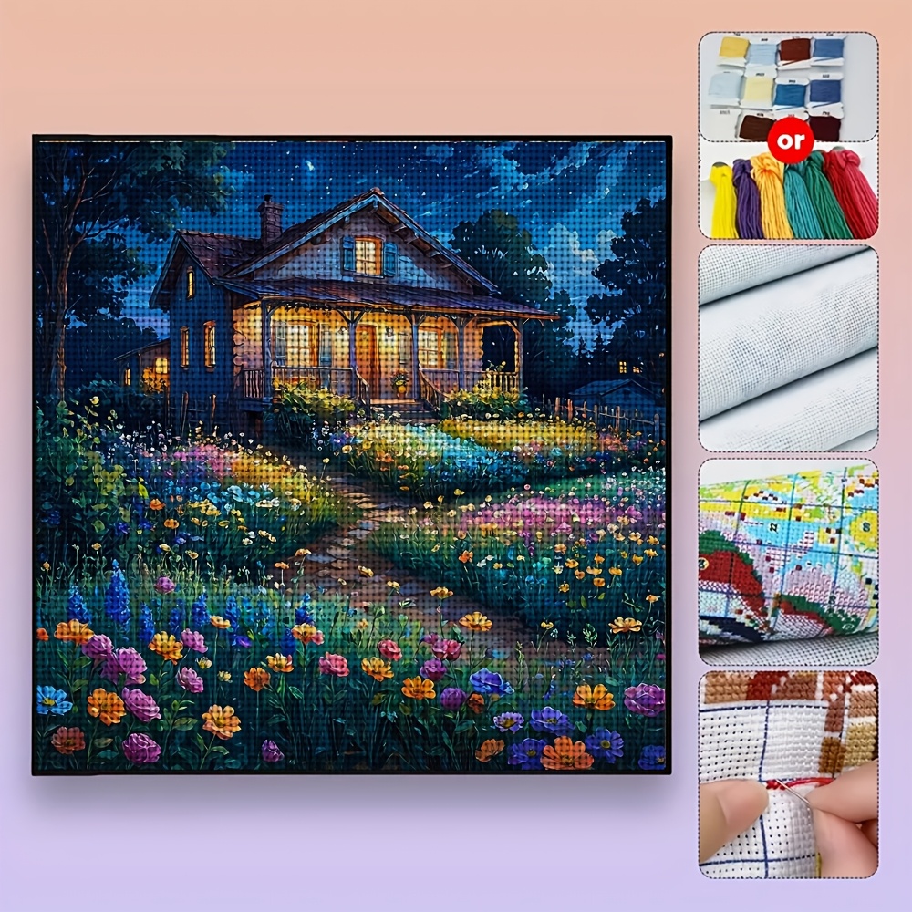 DIY Cross-Stitch Printed Kit, Unframed, "Night House in Full Bloom"