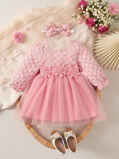 long sleeve baby girl prom dress Newborn Long Sleeve Baby Girls Dress Party Wedding Bow Lace Infant Baptism Dress