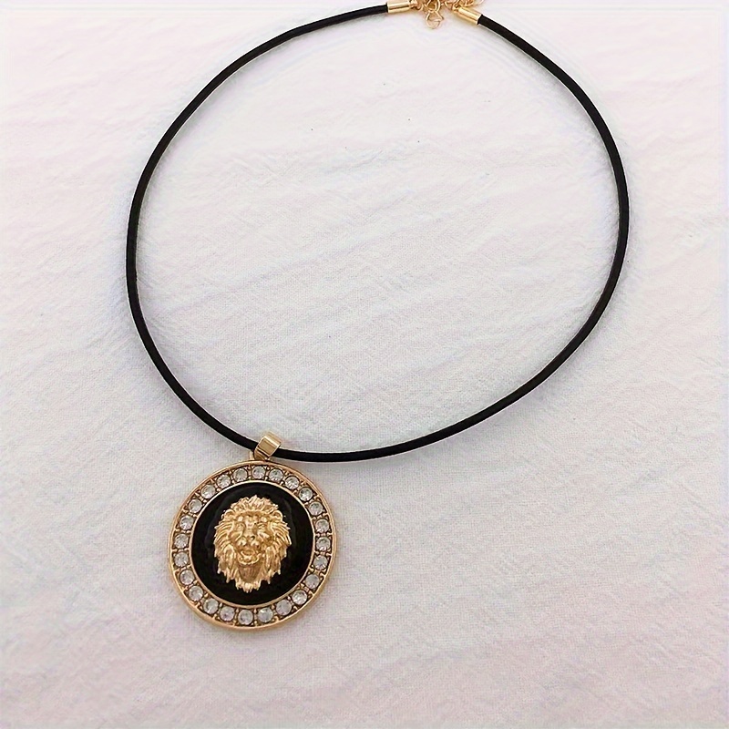 

[elegant Style] Elegant Vintage Black Leather Necklace With Sparkling Pendant - Chic Daily & Party Accessory, Golden- Detailing
