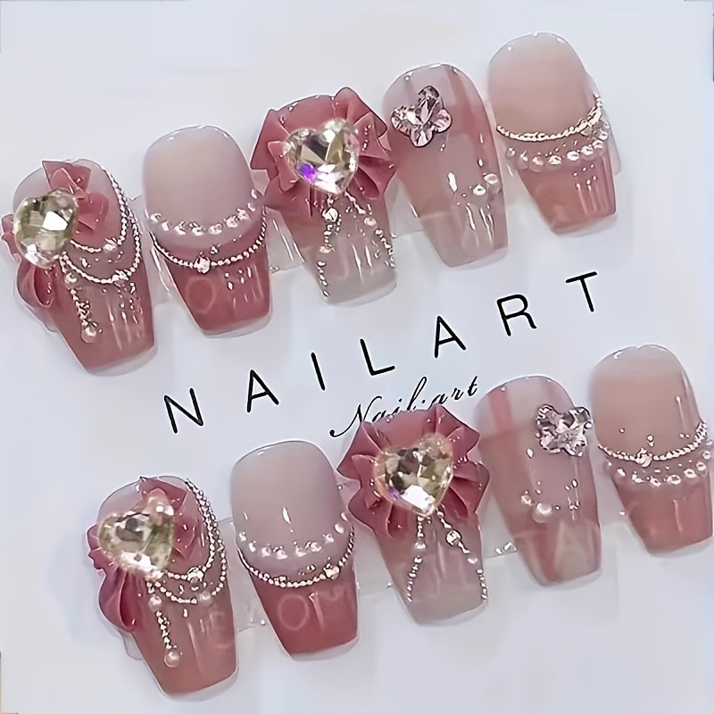 

10pcs Gradient Bow Nail Art, Handmade Forms With Red Line Accent, Middle Length Design