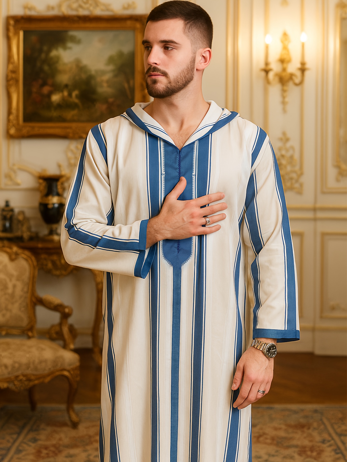 Moroccan Men's Kaftan Thobe - White Cotton Long Gown With Blue Embroidery, One Size - View #6