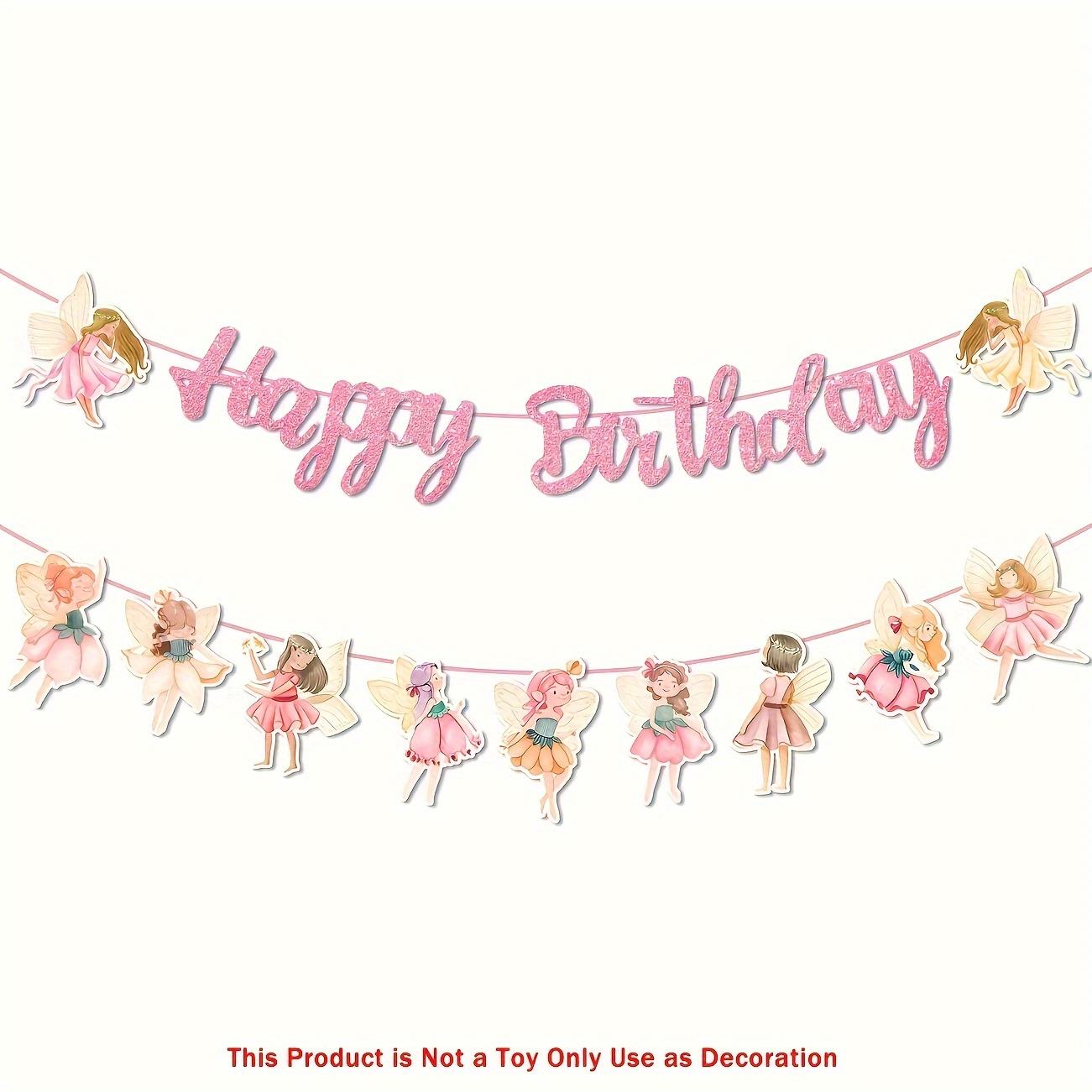 

Fairy Happy Birthday Banner - Pink Paper Hanging Decoration With Flower Fairies - Fairy Garden Party Favors For Girls Birthday - Fairy Theme Room Decor - Pink