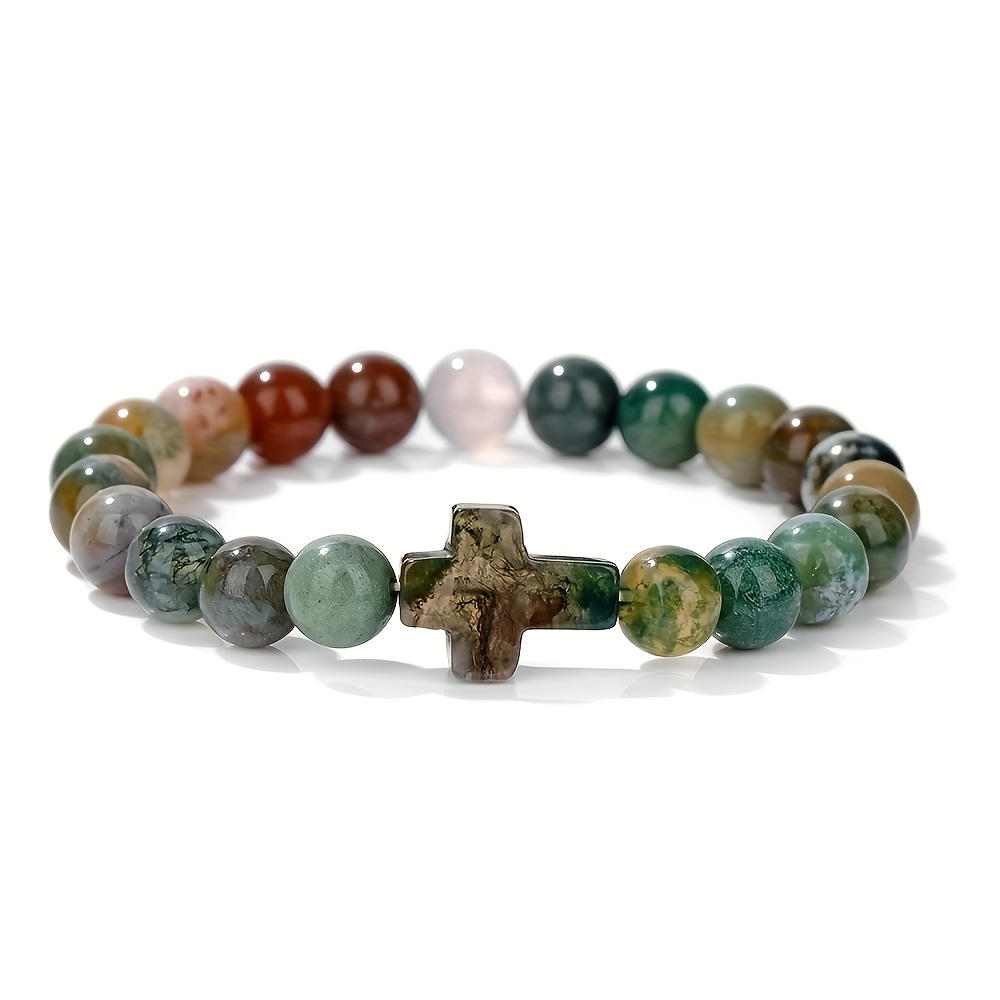 Image of Stone Beaded Bracelet With Cross Accent - Stylish Unisex Design For Casual Attire, Perfect Father's Day Gift For Men And Women, Ideal Holiday Present For And