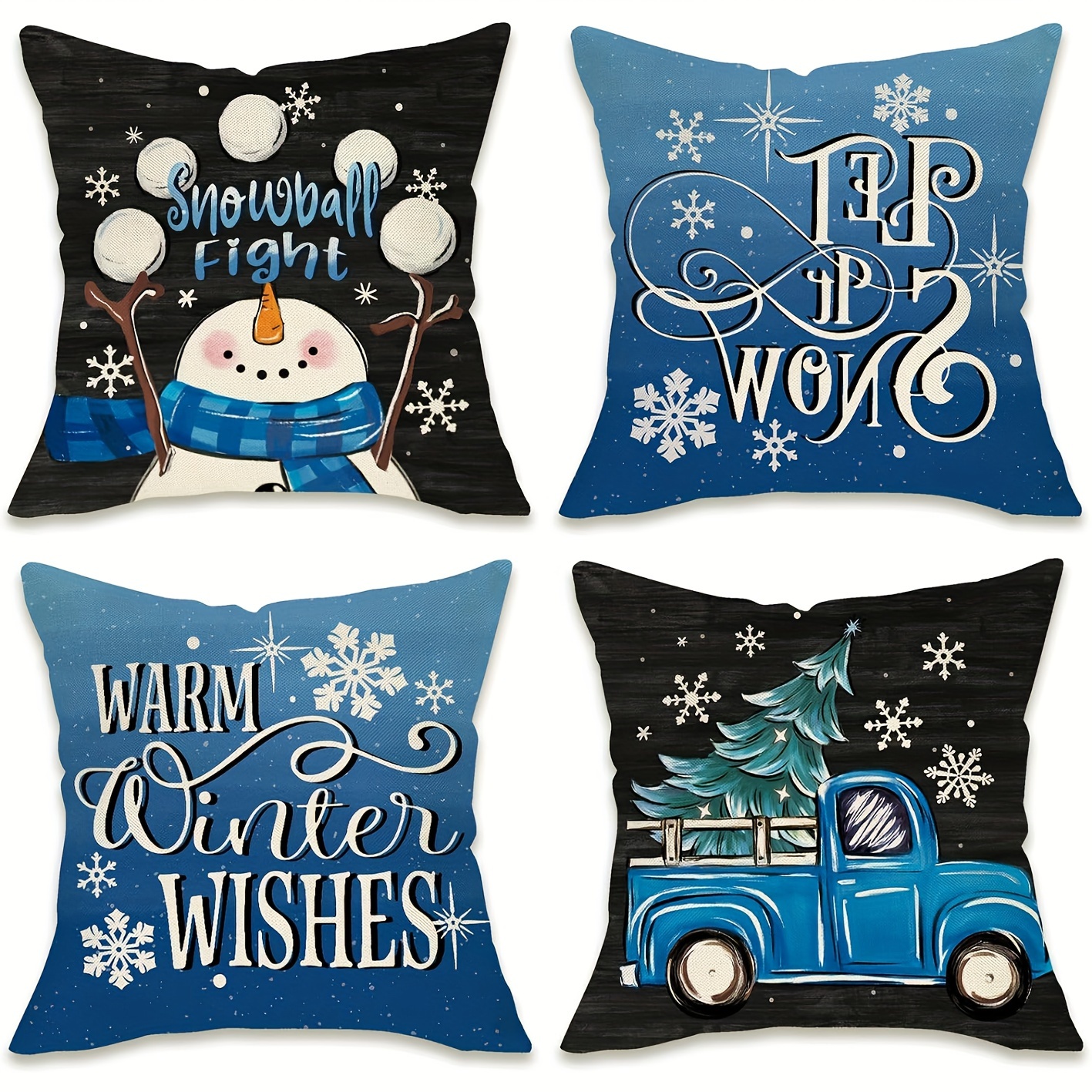 

4-pack Contemporary Throw Pillow Covers 18x18 Inch, Winter Theme Cushion Cases With Zipper Closure, Machine Washable, Snowman, Blue Truck, Christmas Tree, Designs For Home Decor