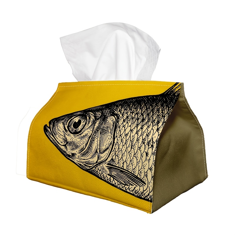 TEMU 1pc Of Vintage Naturalist-themed Tissue Box - A Decorative Dispenser Featuring A Fish Sketch In Yellow, Made From Durable Polyester Fabric,