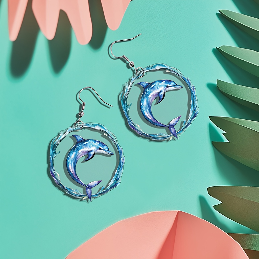 TEMU 2d Flat, 1 Pair Dolphin Earrings Cute Studs Gift Acrylic