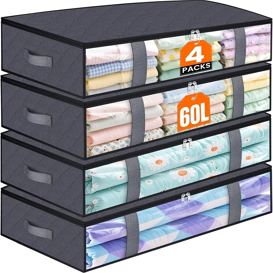 TEMU Under Bed Storage Containers, 4 Pack Blanket Storage Bags, Collapsible Storage Bags With Big Zippers, Clear Front, Shoe Storage And Organization