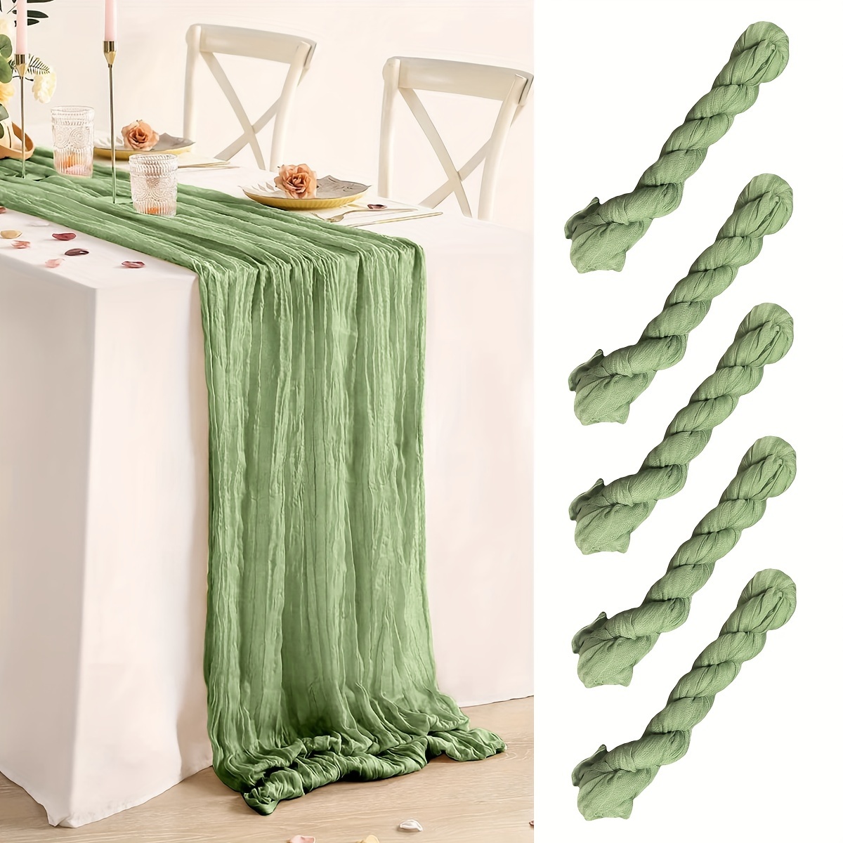 

5pcs, Elegant Table Runner, Green Gauze Table Runner, Balinese Pleated Table Cover, Table Centerpieces For Birthday Party Decoration, Bridal Shower, Wedding Table Decor, Holiday Party Supplies