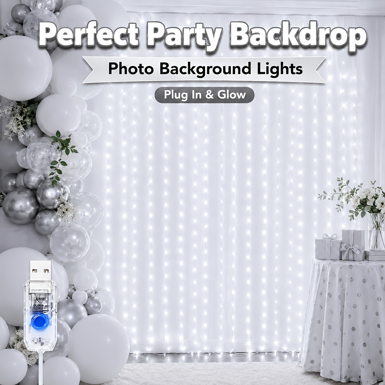 TEMU 300/200/100 LED USB-betriebene Vorhanglichter, dekorative Außen-Wandlichter, Halloween-Dekorationen, Weihnachtsdekorationen, geeignet für