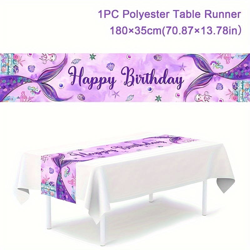 Image of Mermaid Tail Birthday Table Runner - 180x35cm Polyester, Colorful Under The Sea Party Decoration With Happy Birthday Script, Ideal For Little Mermaid Themed Celebrations, Mermaid Party Decorations