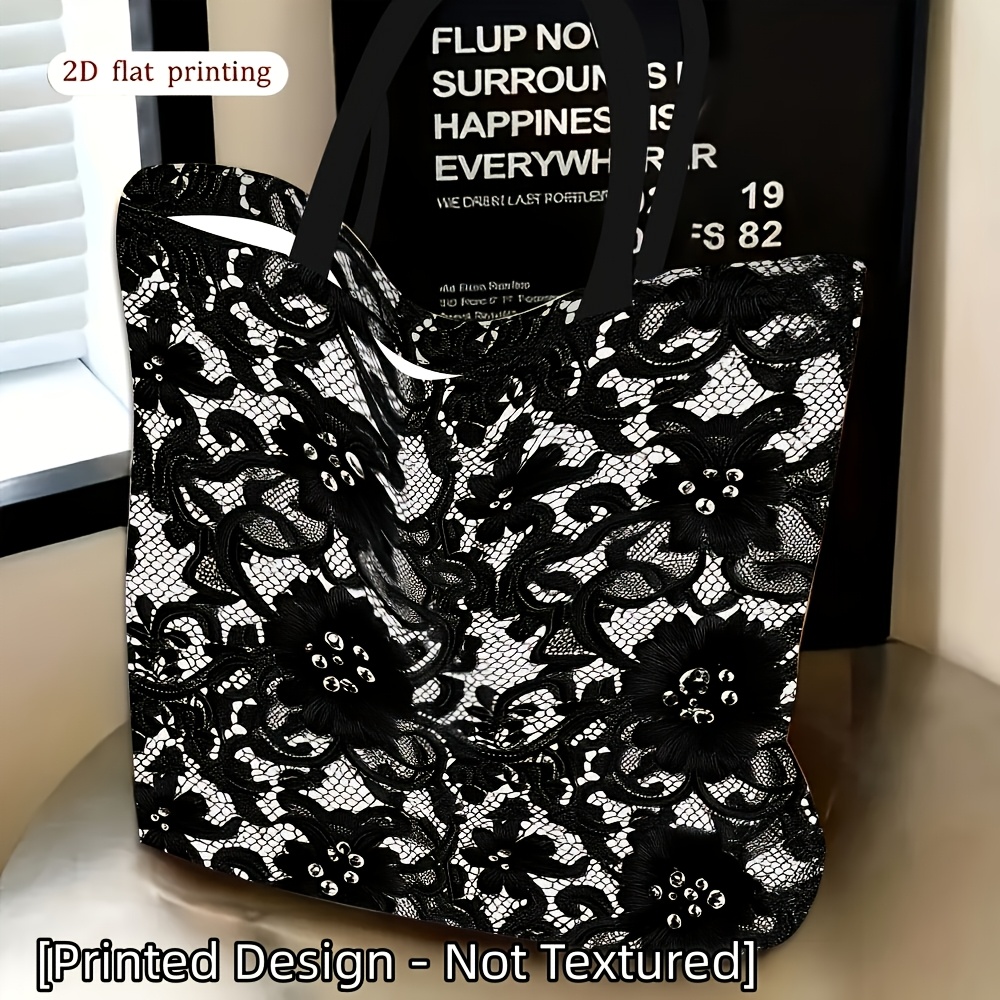 TEMU 1pc, 2d Flat Printing Not 3d [printed Design - Not Textured] Women's Shoulder Bag, Themed With Black Lace Trim Pattern, For Daily Use,