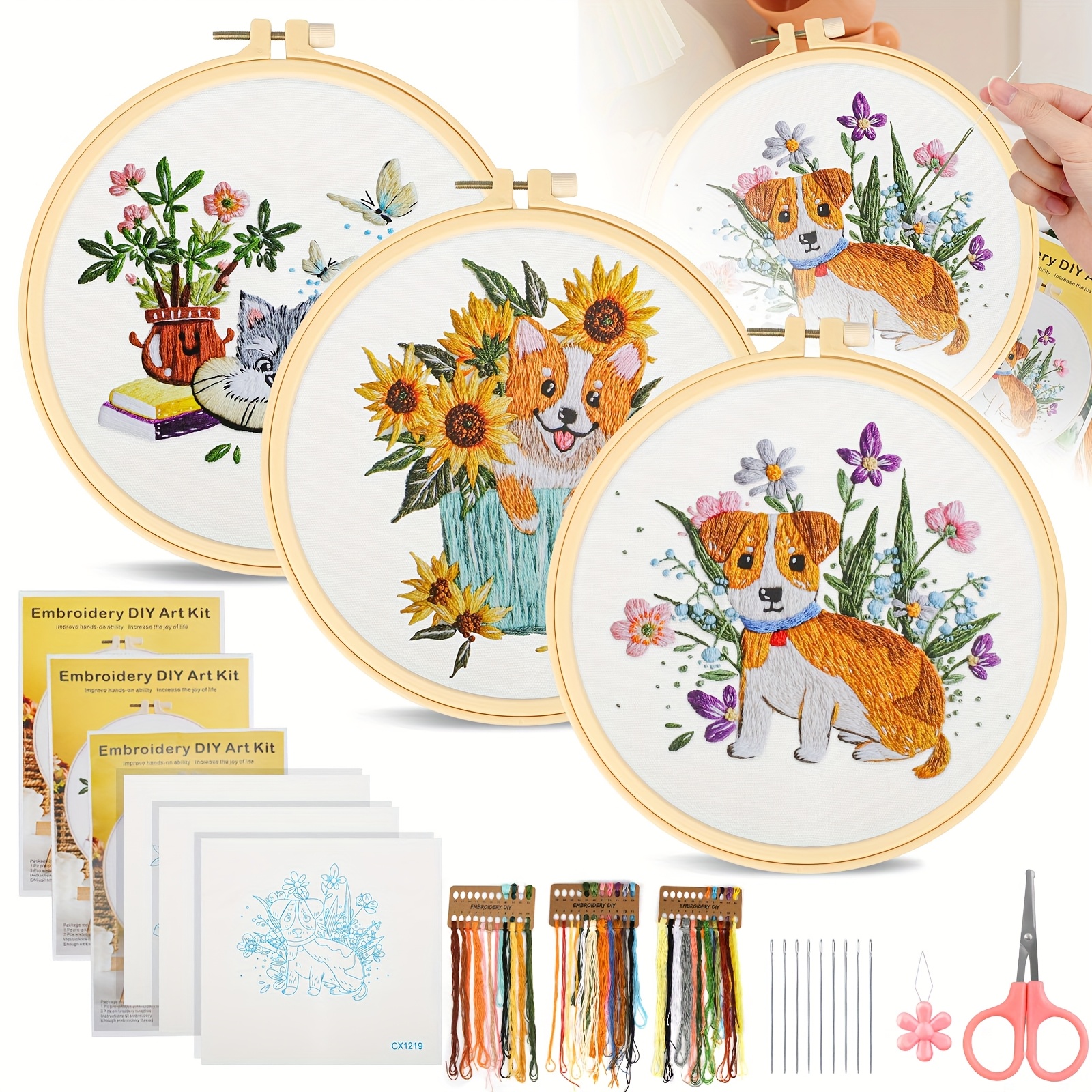 TEMU 3pcs Diy Embroidery Starter Kit For Beginners, Cute Dog Theme, Diy Hand Embroidery Craft Set With Hoop, Needles & Instructions
