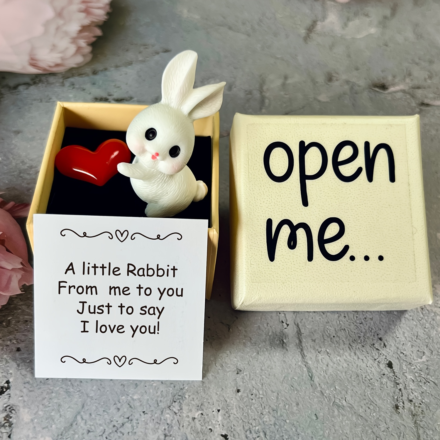 TEMU 4pcs Set (1pc Box And 1pc Card And 1pc Rabbit And 1pc Heart) Charming " Heart" Rabbit Box Card With White Rabbit And Red - Perfect And Emotion,