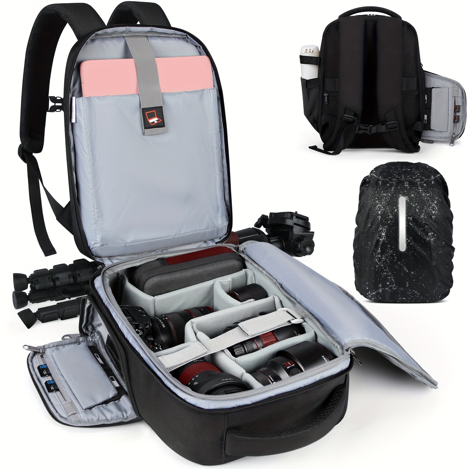 TEMU Camera Backpack Designed For Photographers With A Dslr, Featuring A Compartment For A 14-inch Laptop, Anti-theft Bag, In Black.