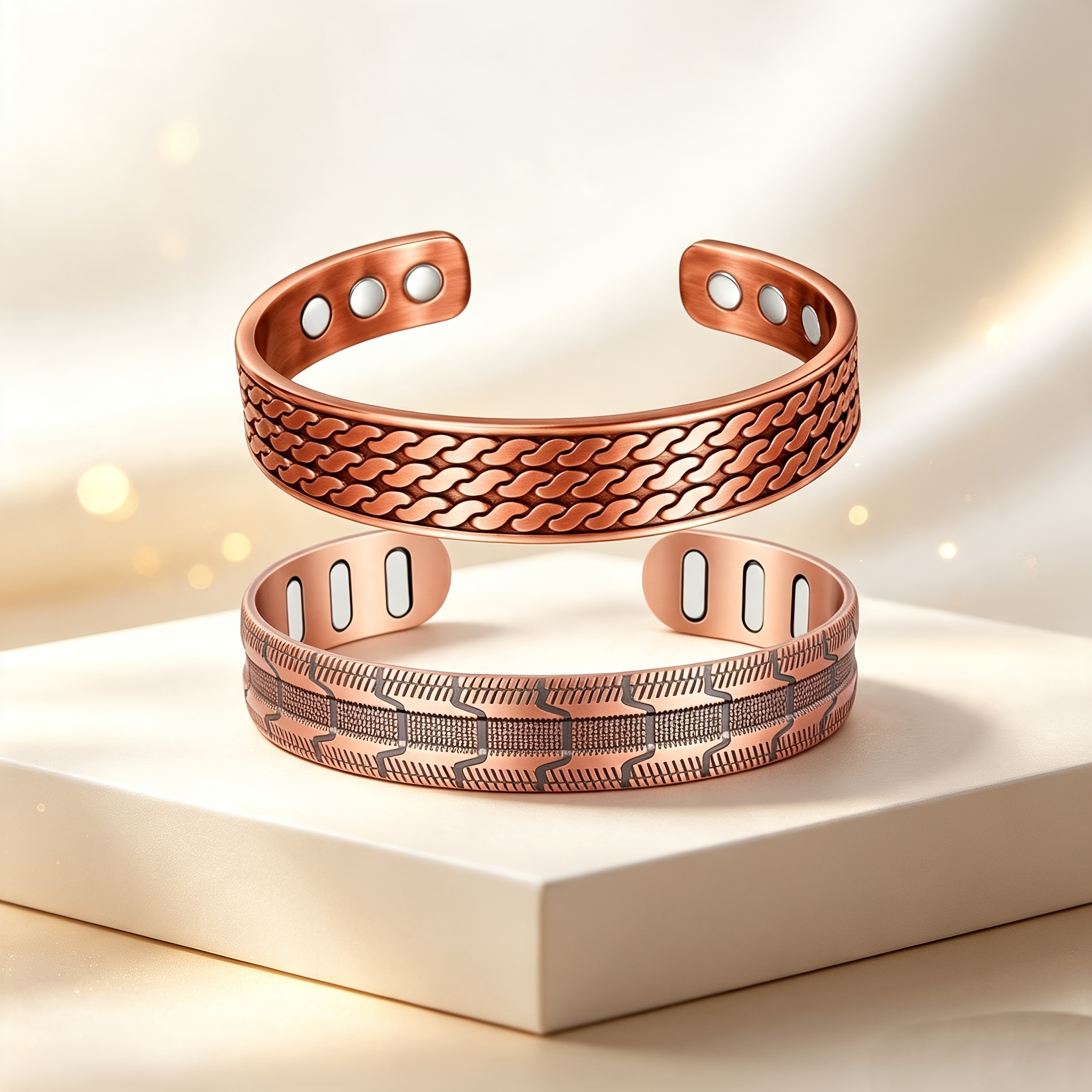 TEMU 2pcs Set Of Pure Copper Magnetic Bracelets, Combining Woven Texture With Vintage Geometric Carved Patterns, An For Commuter Outfits
