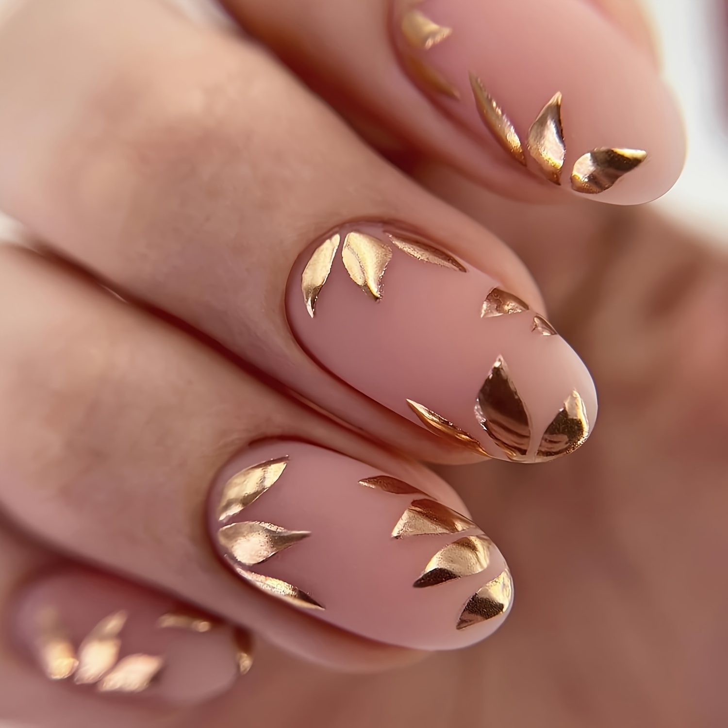 

24pcs Medium Almond Press On Nails, Golden Leaf Design Fake Nails,full Cover False Nails For Women And Girls