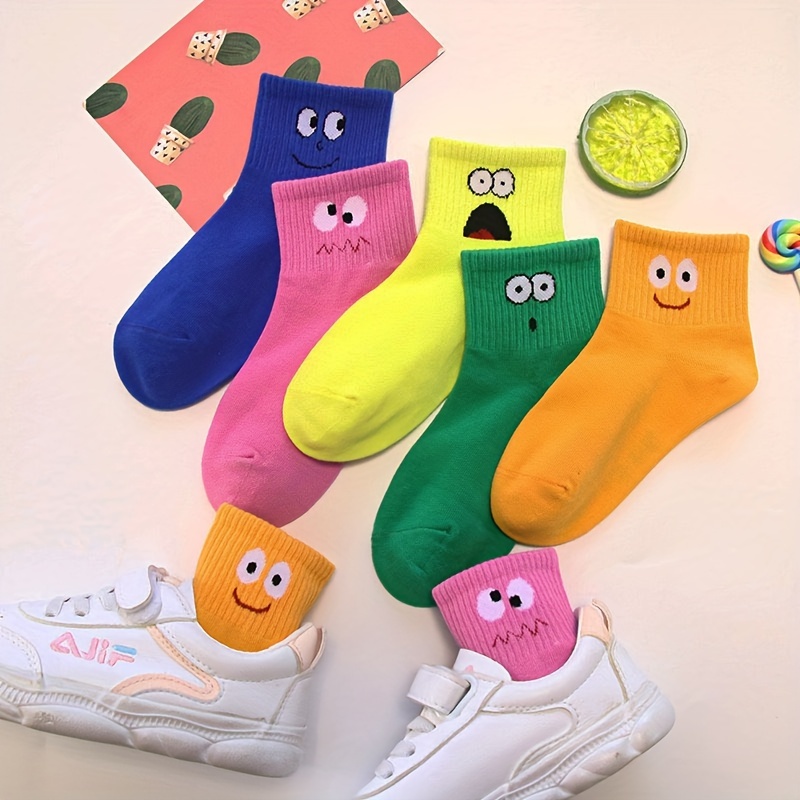 

5 Pairs Of Boy's Funny Face Pattern Crew Socks, Comfy Breathable Casual Soft & Elastic Socks, Spring & Summer